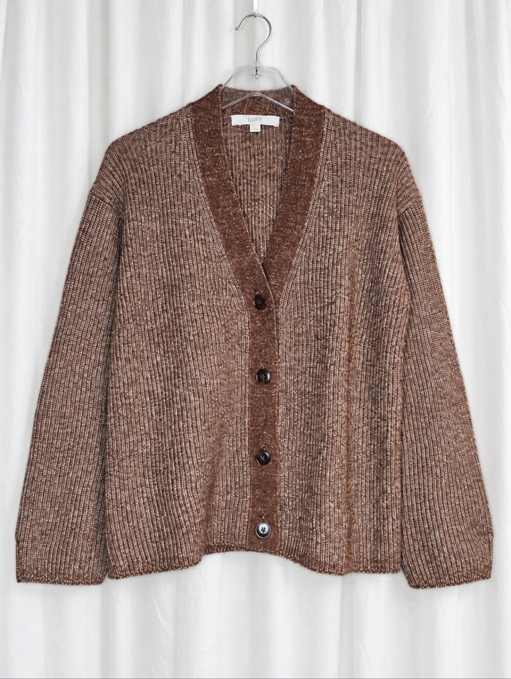 LOFT Rusty Brown Marled Rib Knit V Neck Button Front Cozy Cardigan Sweater